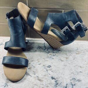 Aerosoles Leather Wedge Sandals - Dk Dusty Blue -  Size 7